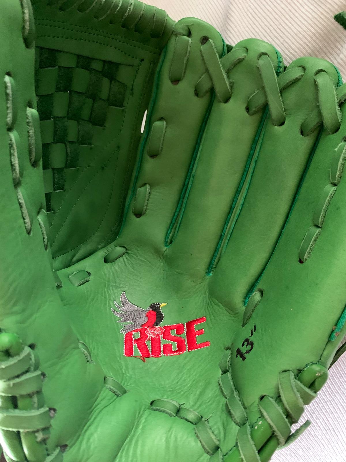 Close up of deep pocket and I-Web on RISE custom lime green softball glove, showing high-quality steerhide leather texture