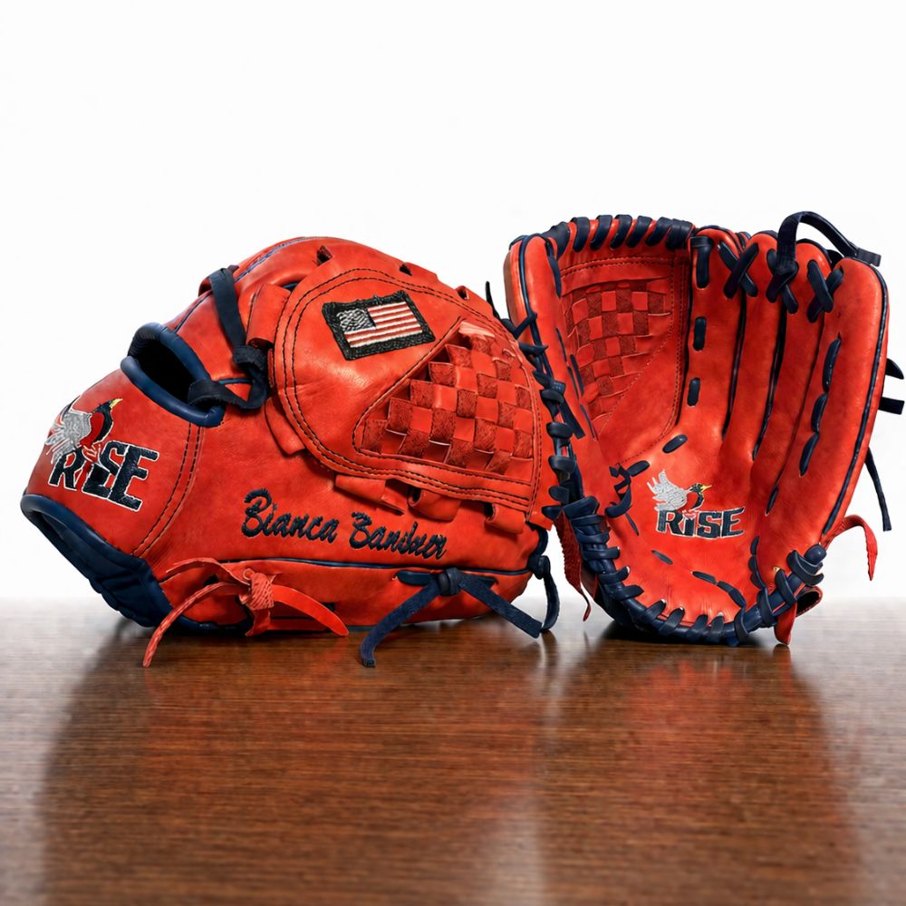 Front and back view of a custom RISE fastpitch softball glove in red and navy blue with a woven web and personalized embroidery.