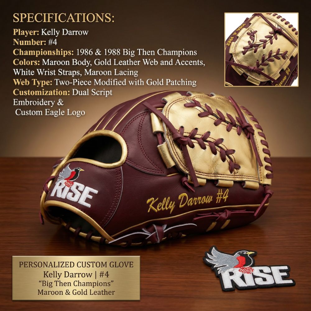 Custom RISE softball glove in maroon and gold featuring a two-piece modified web and personalized player embroidery.