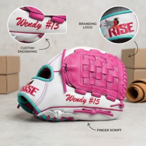RISE custom fastpitch softball glove featuring a white base, pink basket web, teal accents, and personalized Wendy #15 finger script embroidery