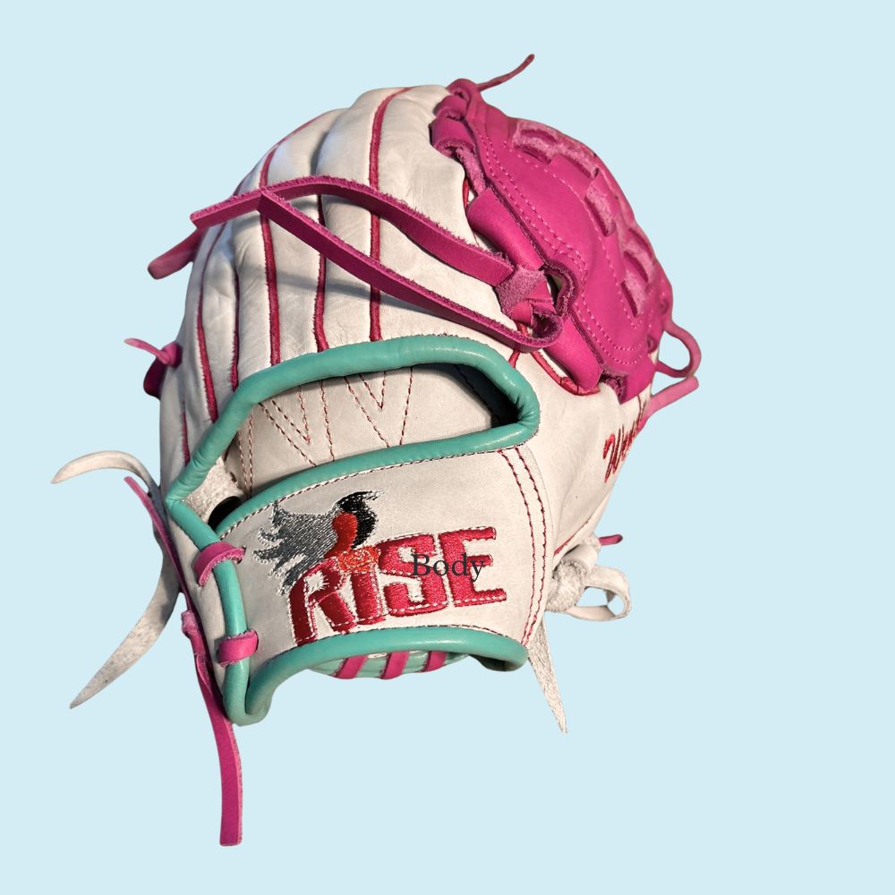 RISE custom fastpitch softball glove featuring a white base, pink basket web, teal accents, and personalized Wendy #15 finger script embroidery